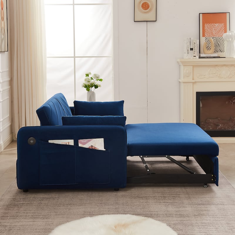 Stylish 55" Velvet Sleeper Sofa with Arm Pockets