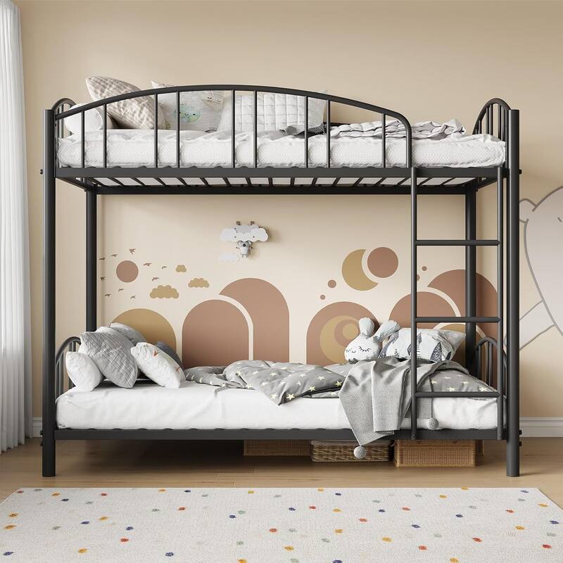 Bunk Bed Twin Over Twin with Stairs and Arched Guardrail for Bedroom and Small Space