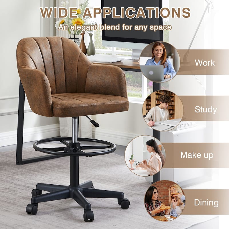 VECELO Brown PU Leather Adjustable Height Office Chair with Vertical Stripes 380lb Capacity 360° Swivel Office Chair