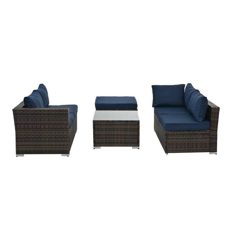 Modular Sectional Sofa with Tempered Glass Coffee Table, PE Wicker Frame Conversation Sets with Ottoman, Convertible Loveseat