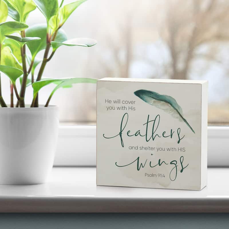 Wood Block Décor Message Cover with Feathers Sign, 3.75 inches Square, Made in The USA - Multi-39