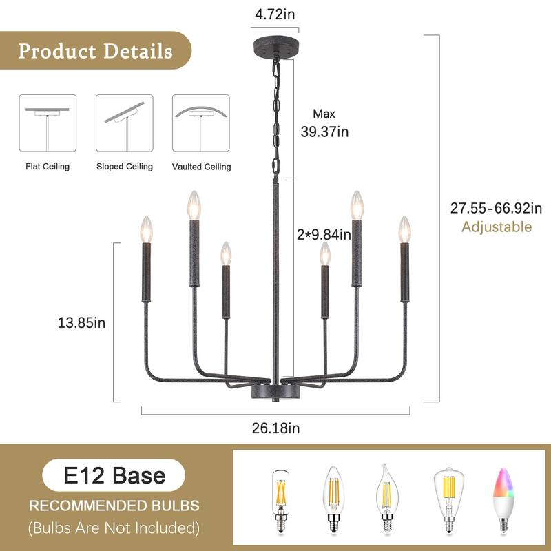 6-Light W26.18" x H66.92" Candle Chandelier for Living Room Kitchen Island