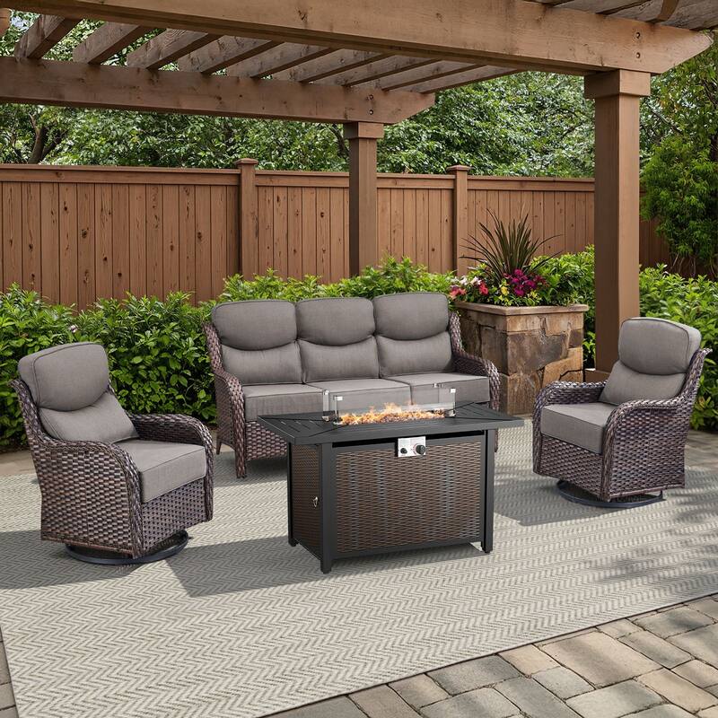 Arcadia 4-Piece PE Wicker Patio Seating Set with Durable All-Iron Fire Pit and 6-Inch Cushions