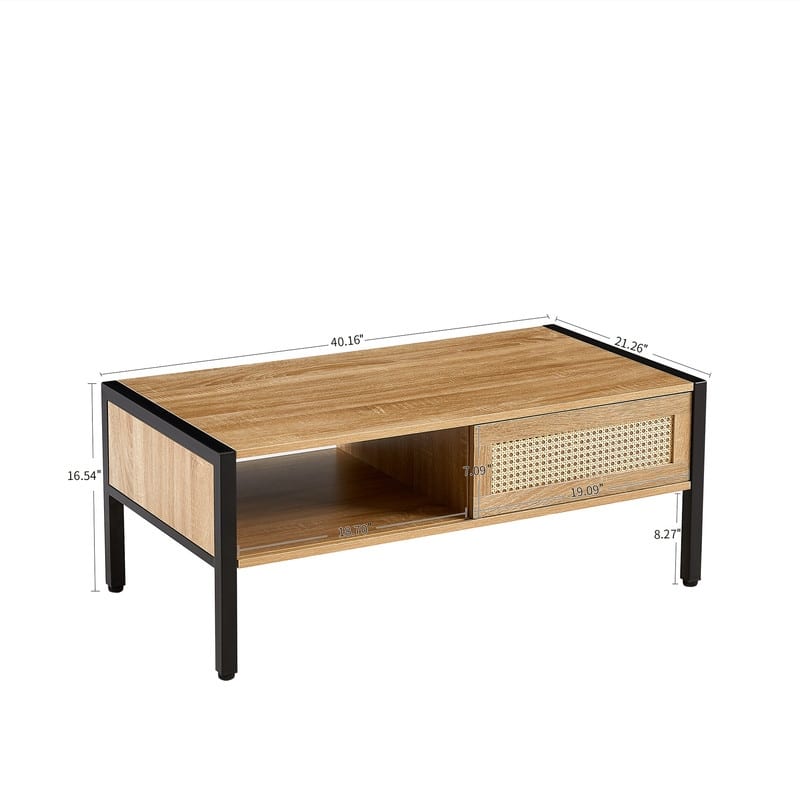 40.16" Coffee Table with Rattan Decorative Doors,Sliding door with Metal Legs,2 Colors