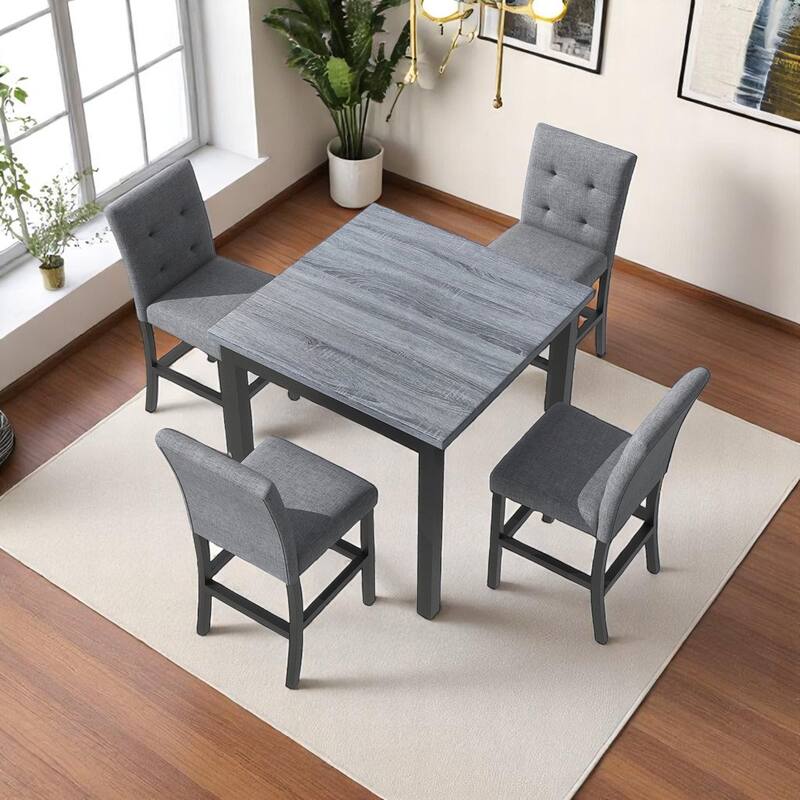 5-Piece Counter Height Dining Set, Square Rubberwood Table and 4 Upholstered High-Back Chairs for Kitchen or Dining Room