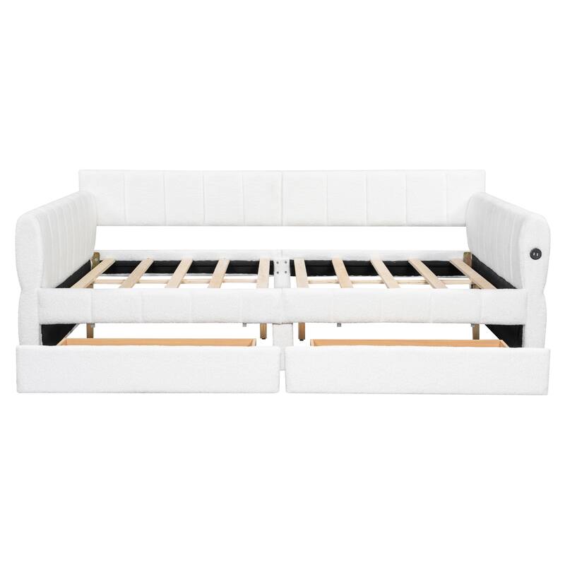 Queen Size Platform Storage Bed Frame Upholstered Daybed with USB and 2 Drawers, Low Profile Sofa Bed with Storage Underneath