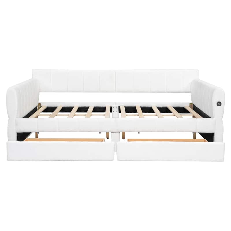 Queen Size Upholstered Platform Bed with USB Port and 2 Drawers, Wood Daybed Frame with Backrest Design, No Box Spring Needed