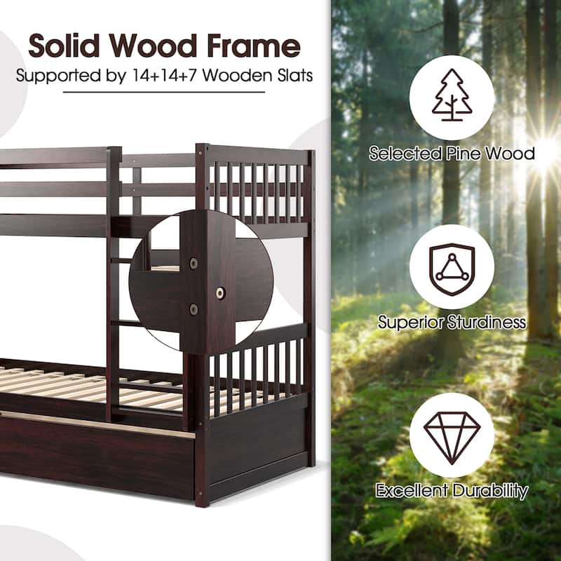 Costway Twin Over Twin Bunk Bed with Twin Trundle Solid Wood Frame - See Details