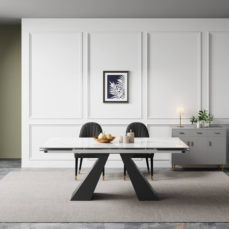 9 - Piece 110.24'' Extendable Sintered Stone Dining Table and 8 Leather Chairs Dining Set