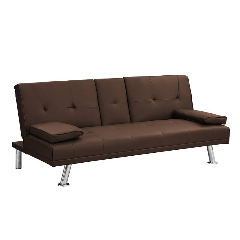 Sofa Bed with Armrests, Wood Frame & Stainless Legs, Futon Style with PVC Upholstery - Brown