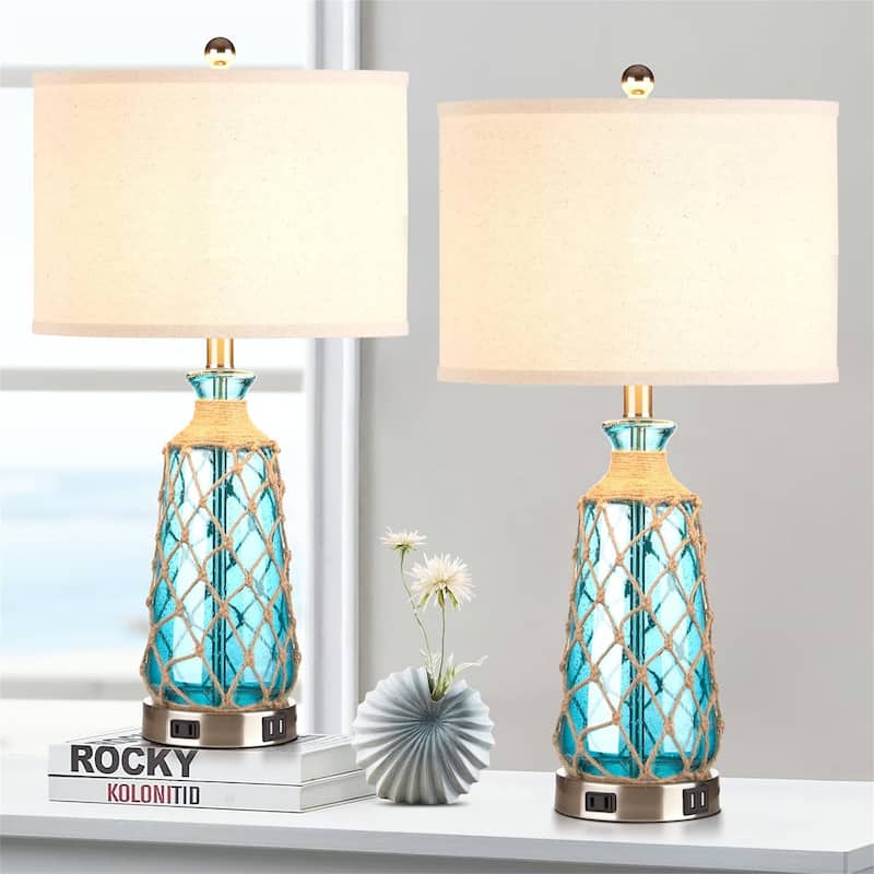 3-way dimmable touch control bedside lamp with 2 USB ports - Beige,‎Teal