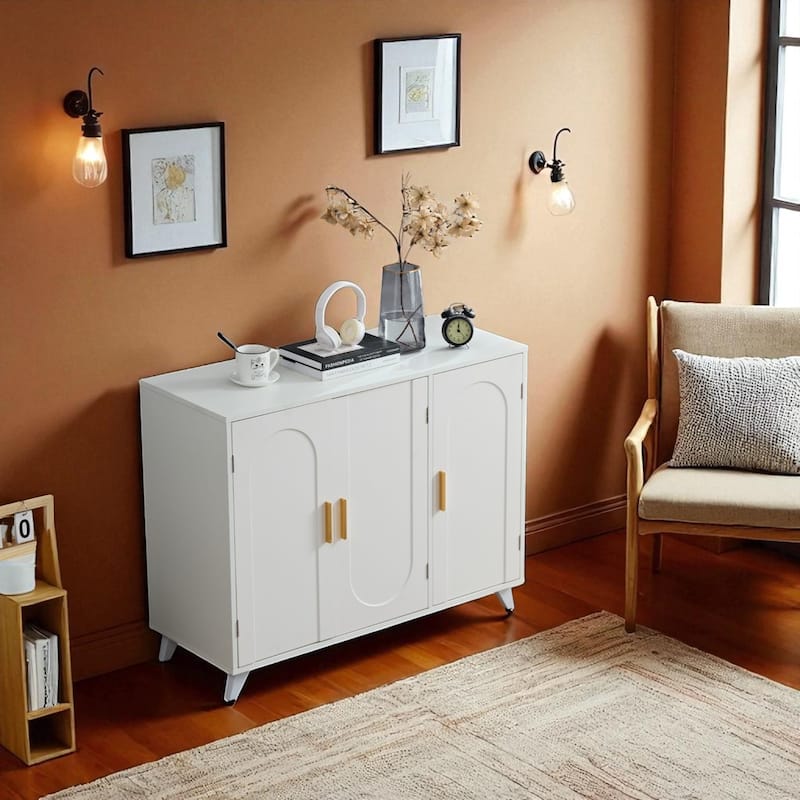 Modern Sideboard Buffet Cabinet with 3 Doors and Removable Shelves, Ivory White Accent Storage Console Table - White