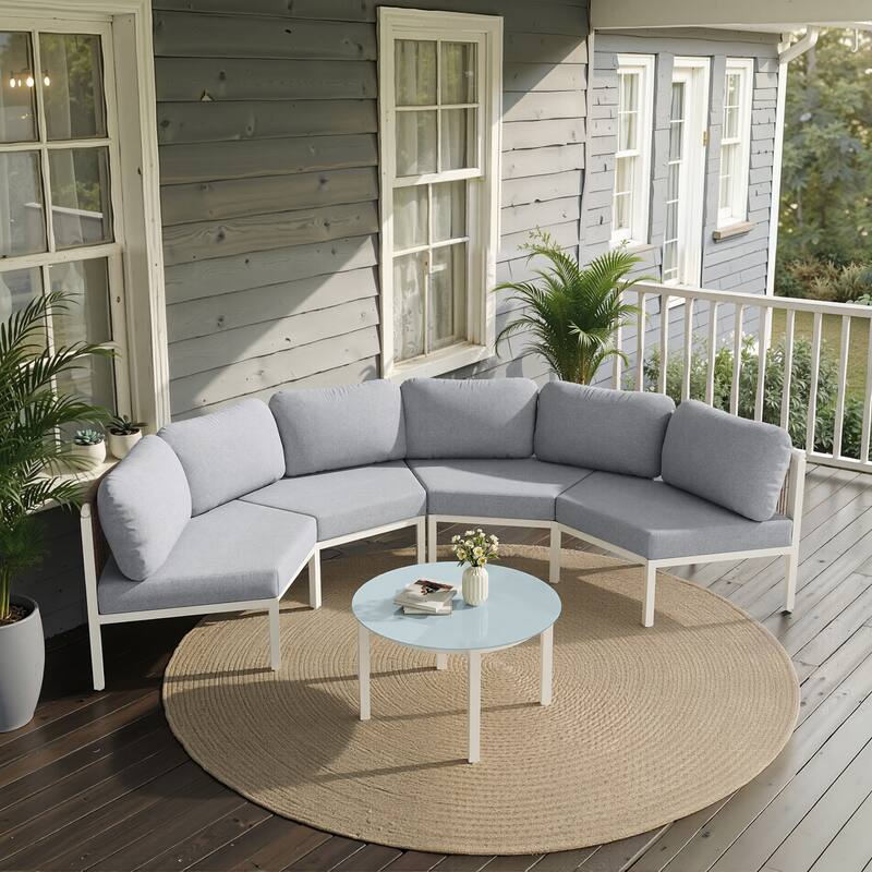 Outdoor Half Moon Curved Sofa Rattan Sectional Sofa Patio Outdoor Conversation Sets - 4-seater + 1 table - Light Grey