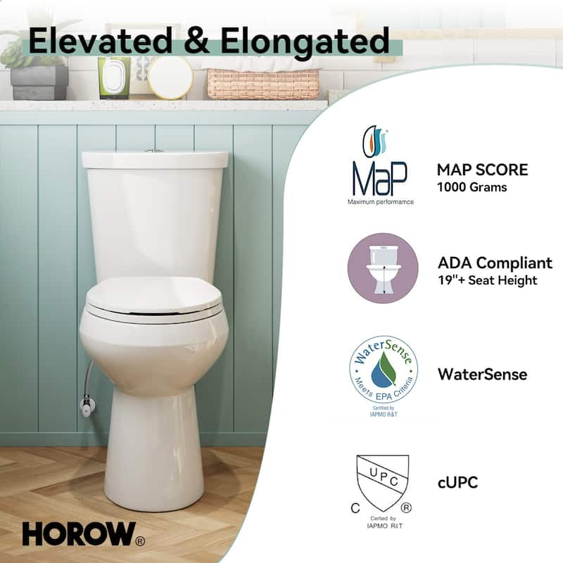 HOROW 19 Inch ADA Tall 2 Piece Dual Flush Elongated Toilet White 1.1/1.6 GPF Strong Flush Soft Close Seat - 19 Inch