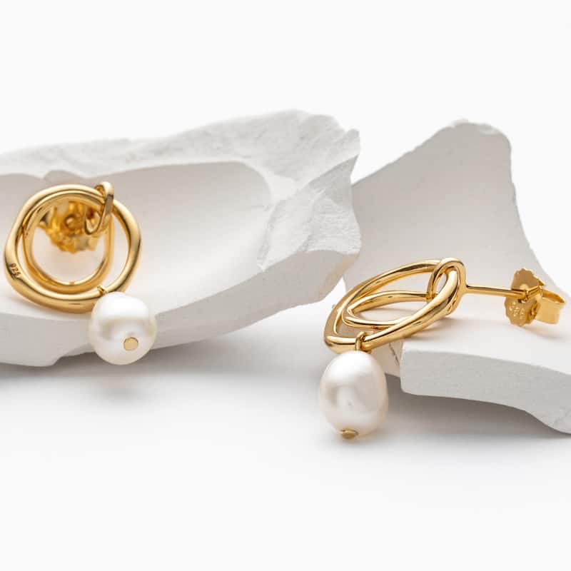Yellow-Tone Sterling Silver Freshwater Pearl Ring Drop Earrings
