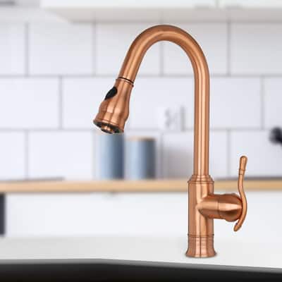 Copper Pull Out Kitchen Faucet, Single Level Solid Brass Kitchen Sink Faucets with Pull Down Sprayer - 8.5x17"