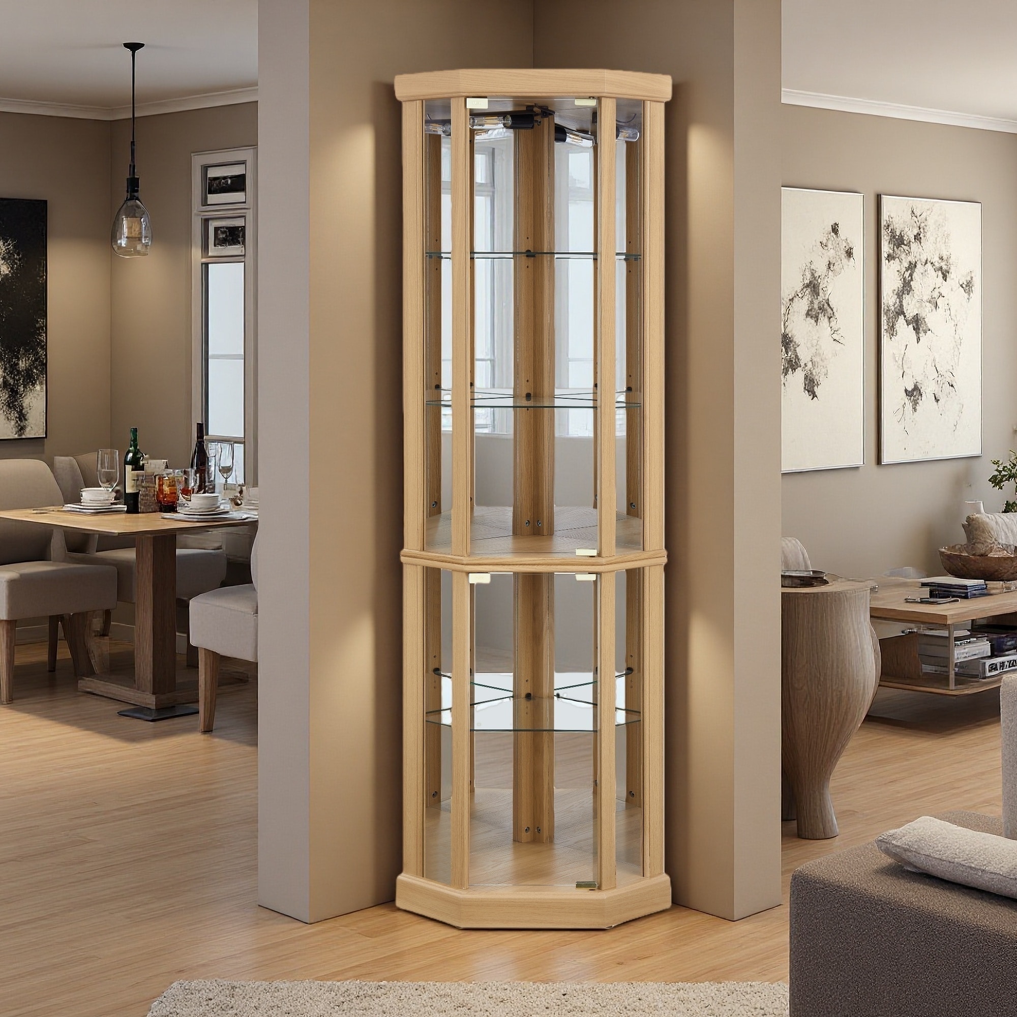 69.84"H Lighted Glass Corner Curio Cabinet with Adjustable Shelves, Built-in Lighting, Magnetic Closure and Anti-toppling Device