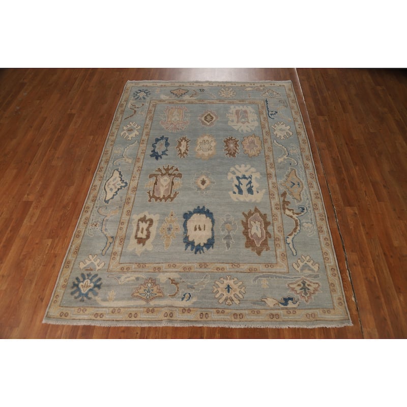 Geometric Blue Vegetable Dye Oushak Turkish Hand-Knotted Wool Carpet - 5'5"x 7'7"