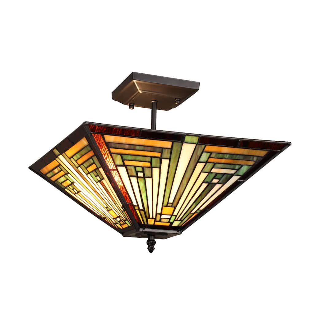 Mission Tiffany-Style 2-Light Blackish Bronze Semi-Flush Ceiling Fixture 14" Shade