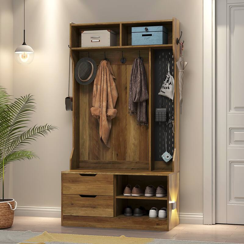 Modern Coat Rack Stylish Hallway Rack with Shoe Bench Storage Compartment 6 Hooks, Storage Bench, for Entryway, Hallway, Brown