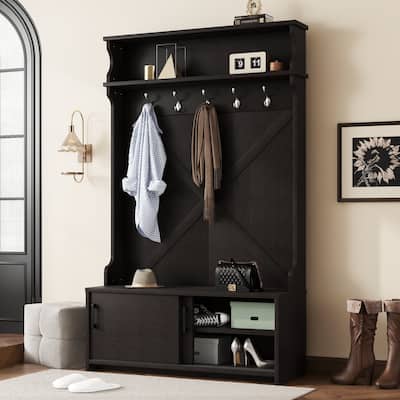 74.8'' Modern Entryway Hall Tree - Shoe Cabinet with Sliding Doors and Coat Rack