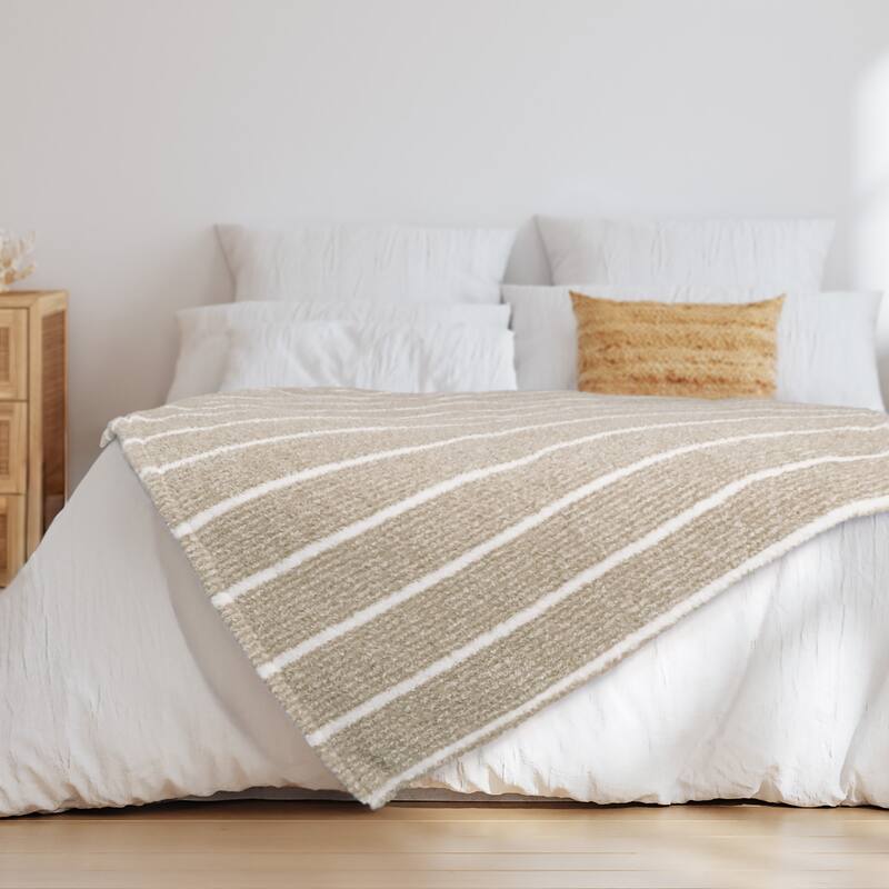 Ultra Soft Cozy Knit Throw Blanket - Khaki Stripe - 90 x 90 in