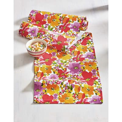 Springtime Bright Floral Red Orange Purple Floral Print Cotton Machine Washable Table Runner Décor Decoration, 72" x 14.5"-in.
