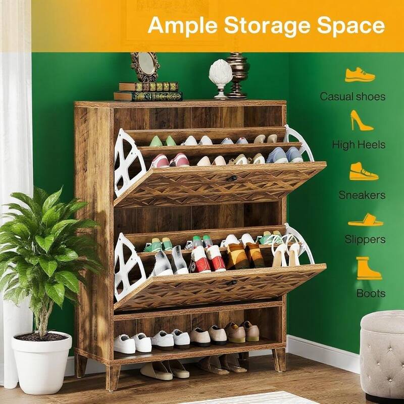 Slim Shoe Cabinet with Flip Drawers and Open Shelf for Entryway Hallway and Home Storage - 31.5”L x 9.45”W x 43.31”H