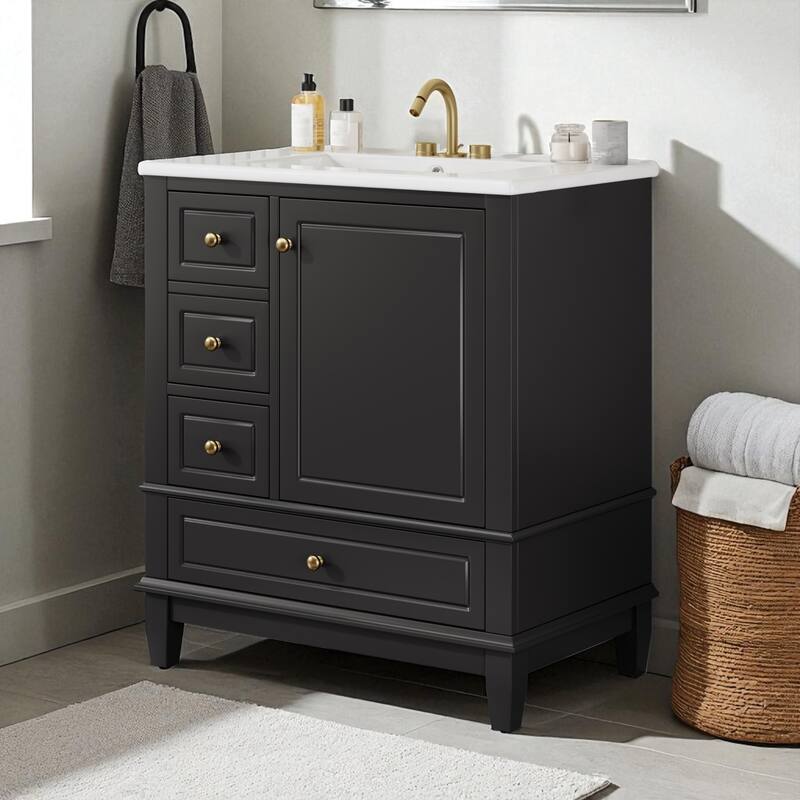 30 Inch Bathroom Vanity with Ceramic Sink, Freestanding Cabinet with 1 Door, Adjustable Shelf & 3 Drawers, Soft-Close Door - Black