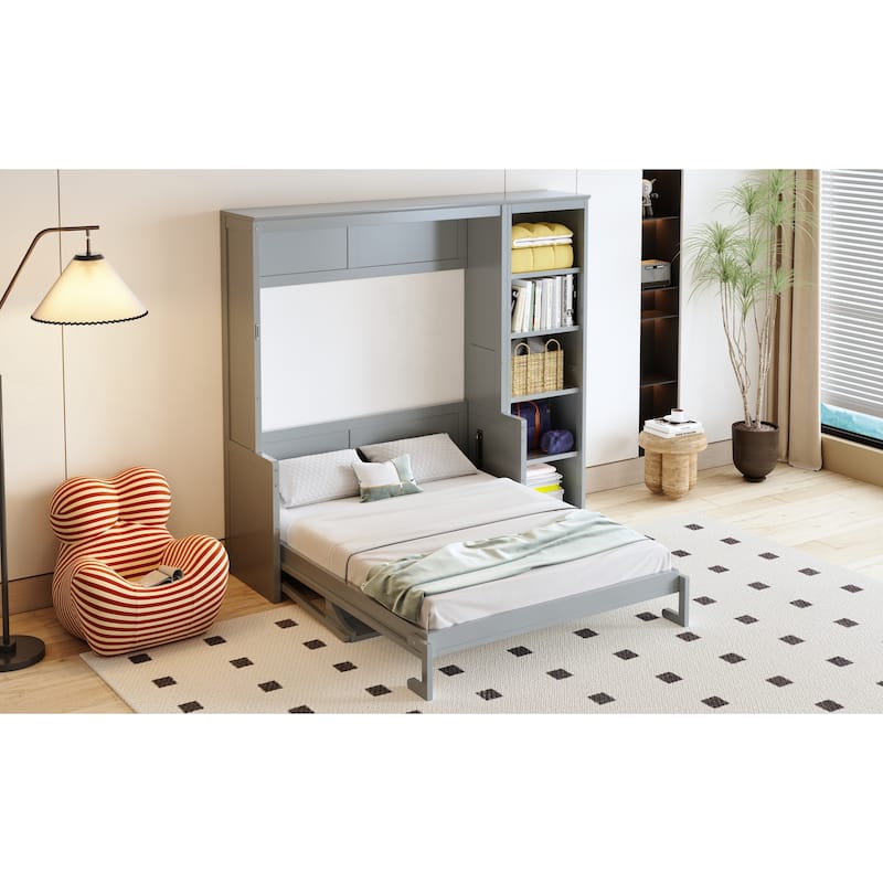 Space-Saving Full Size Murphy Bed with Built-in Desk and Bookshelves in Gray