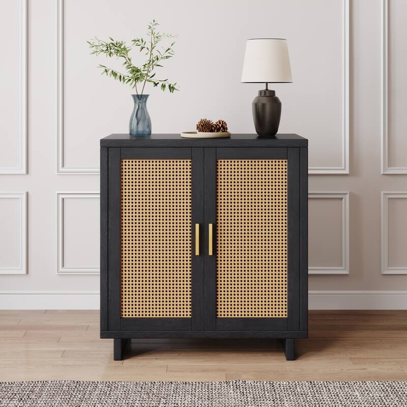 Wood Accent Cabinet Sideboard Buffet with Rattan Doors
