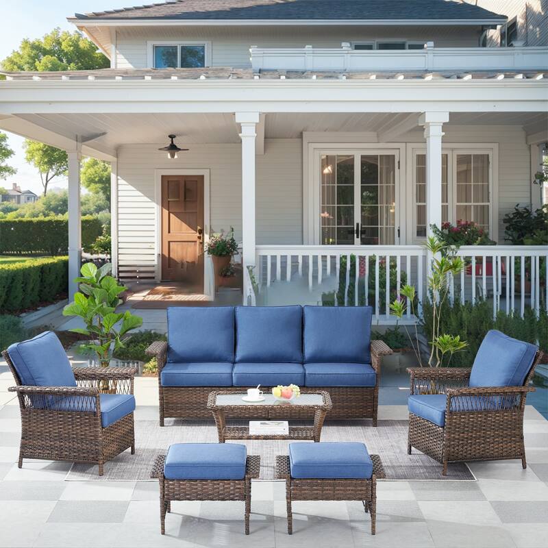 Pocassy Outdoor Swivel Chairs with Sofa Chair Ottoman and Table Set - Brown Wicker Blue Cushion - 6-Piece Sofa Patio Chair Ottoman with Table
