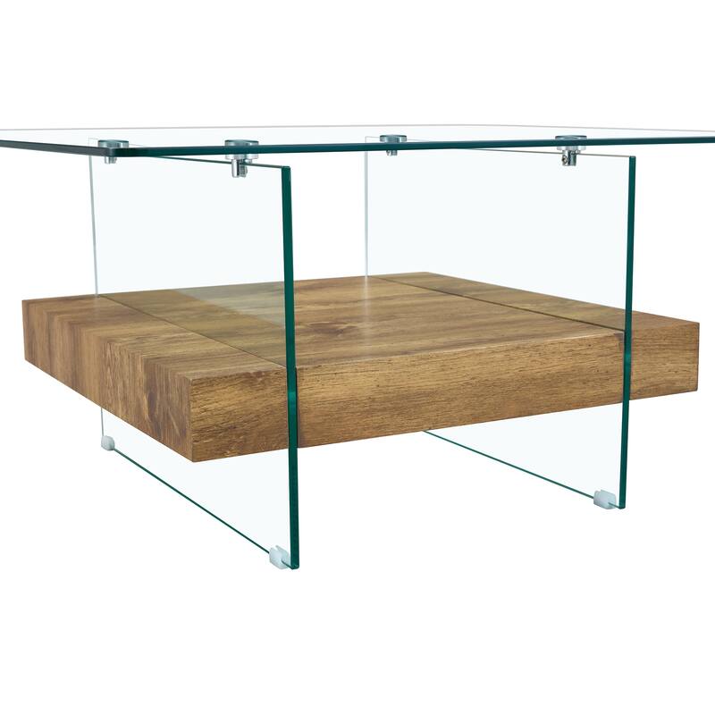 31.4 Inch Modern Two-Tier Square Coffee Table - An Elegant Combination of Clear Glass and Natural Wood Texture Sticker I