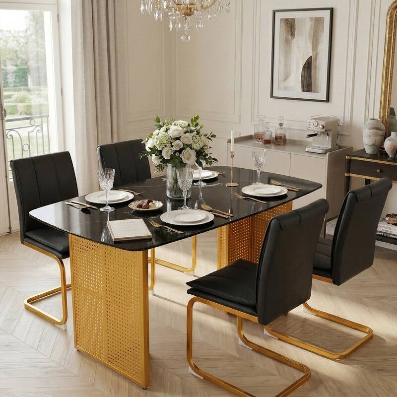Rectangular Tempered Glass Dining Table for 6, Featuring a Marble-Patterned Design with Golden Hollow-Out Metal Legs