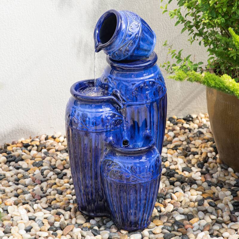 Glitzhome 27"H/35"H 4-Tier Embossed Pattern LED Ceramic Pots Fountain