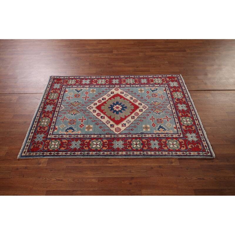 Light Blue Kazak Foyer Rug Hand-Knotted Wool Carpet - 3'3" x 4'11"