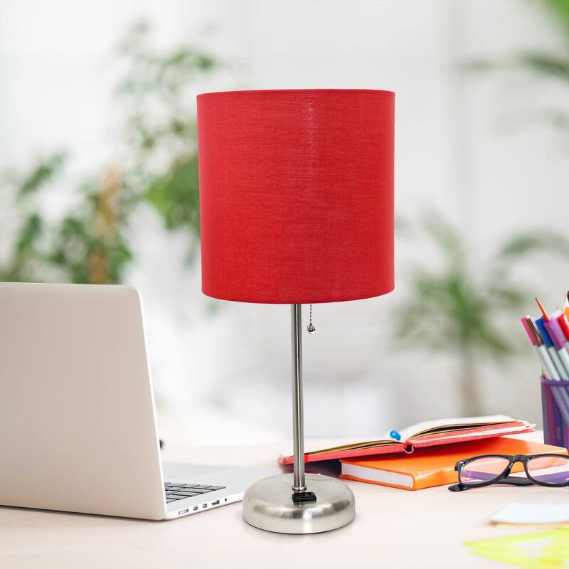 19.5 in. Brushed Steel Finish Table Lamp with Red Shade, Sturdy Table Lamp for Living Rooms and Bedrooms