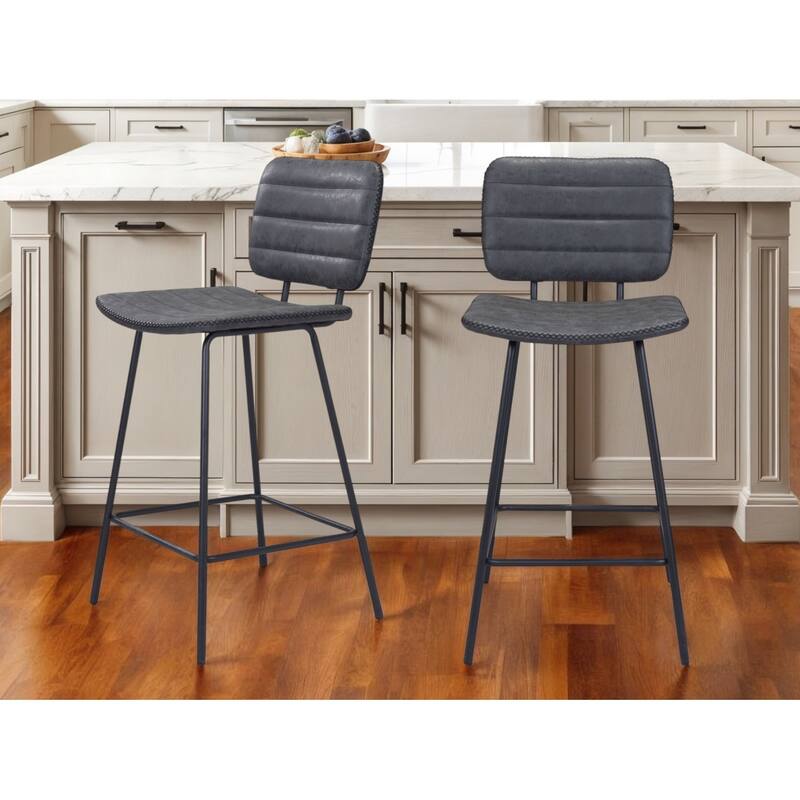 Set of Two 26" Black Faux Leather And Steel Low Back Counter Height Bar Chairs - Black