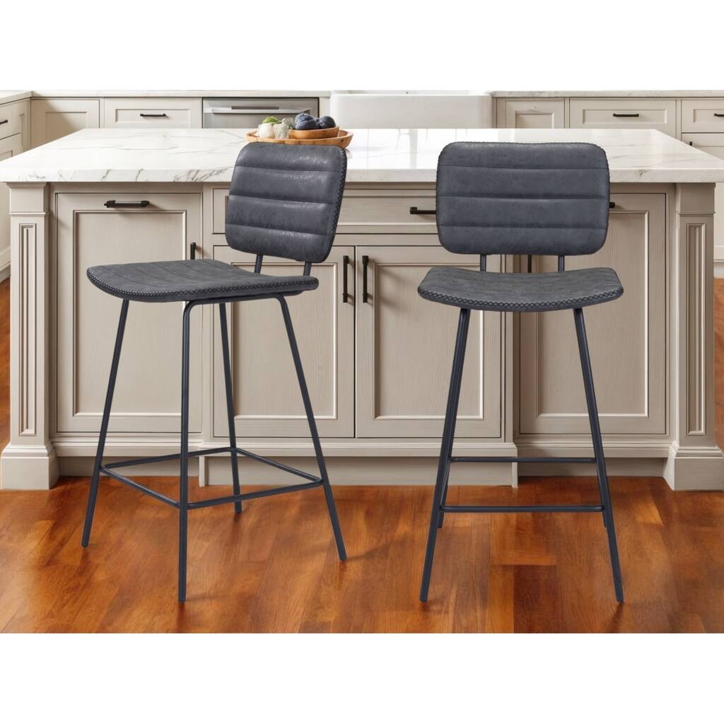 Set of Two 26" Black Faux Leather And Steel Low Back Counter Height Bar Chairs