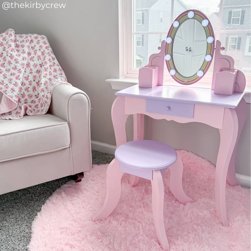 Teamson Kids Vanity Pretend Playset with LED Illuminated Mirror, Matching Stool, and Storage Drawer