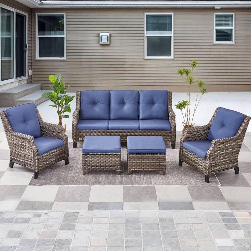 Gymojoy Outdoor Wicker Furniture Set with Cushions All-Weather PE Rattan - 5 PCS - Club Chairs & Ottomans & Sofa - Blue