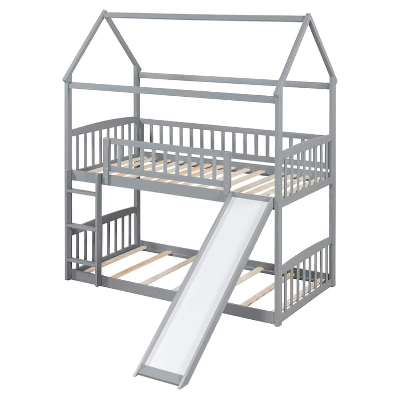 Fun Grey House Bed Twin Over Twin Bunk Bed with Slide