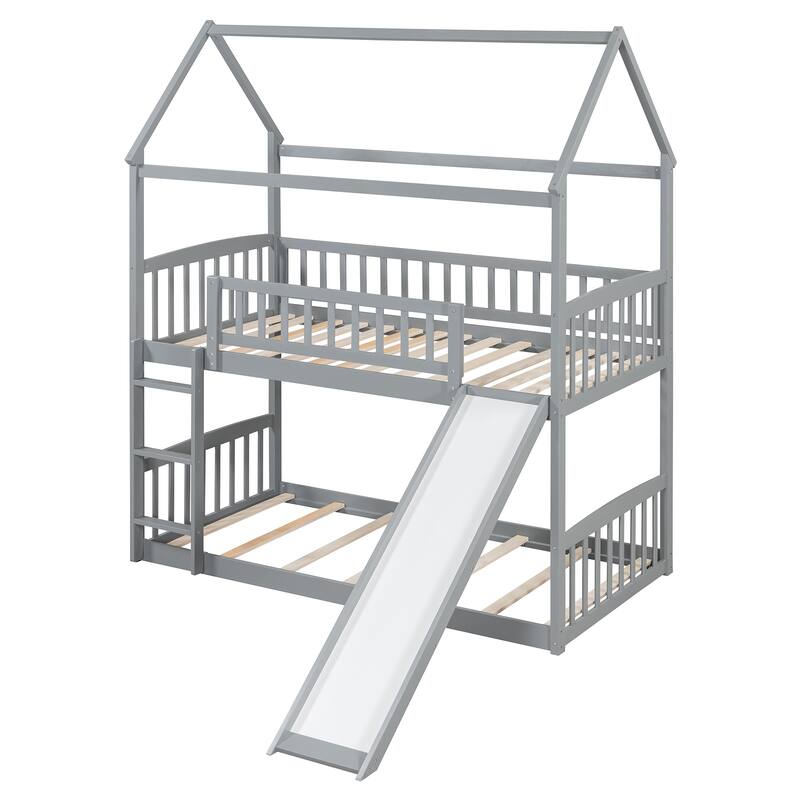 Gray Twin Over Twin Bunk Bed with Slide – Fun House Bed Design for Kids