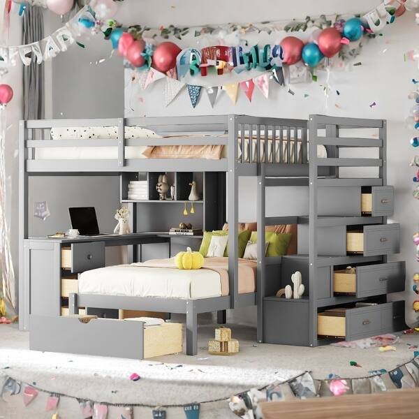 slide 2 of 18, Storage-Savvy Design Full Over Twin Bunk Bed with Desk, Drawers and Shelves Gray