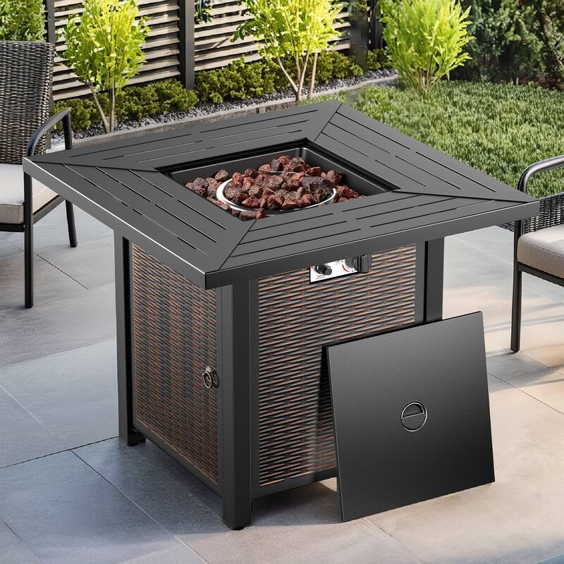 Meyreso 30 in. Square Brown Metal Propane Gas Outdoor Fire Pit Table with Lava Rocks, 50000 BTU