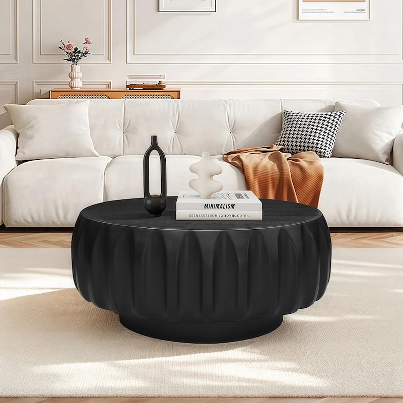 Round Solid Wood Carved Coffee Table with Elegant Sculptural Design