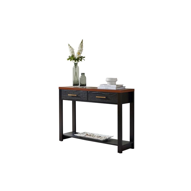 Console Sofa Table with 2 Storage Drawers and Open Shelf, Black/Walnut