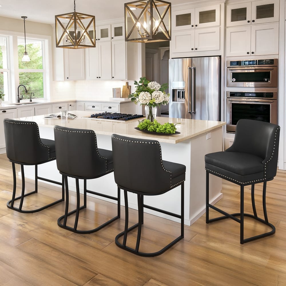 26" Modern Metal Barstools Set of 3 Upholstered Counter Height Bar stools with Back and 6" Thick Cushion for Kitchen Island