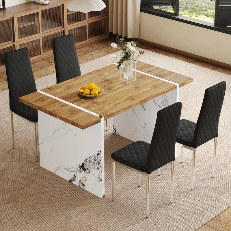 Black Texture Dining Table Set with Stainless Steel O-Shaped Legs, Chair with C-shaped Bases, Scratch-Resistsnt
