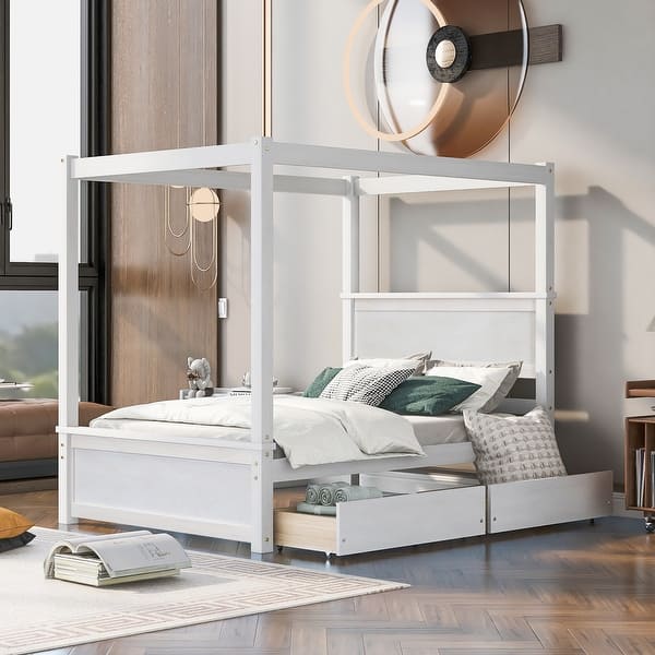 slide 2 of 9, Full Size Wood Canopy Bed with 2 Drawers - Modern Design for Stylish Bedrooms, Brushed White/Brown/Grey White